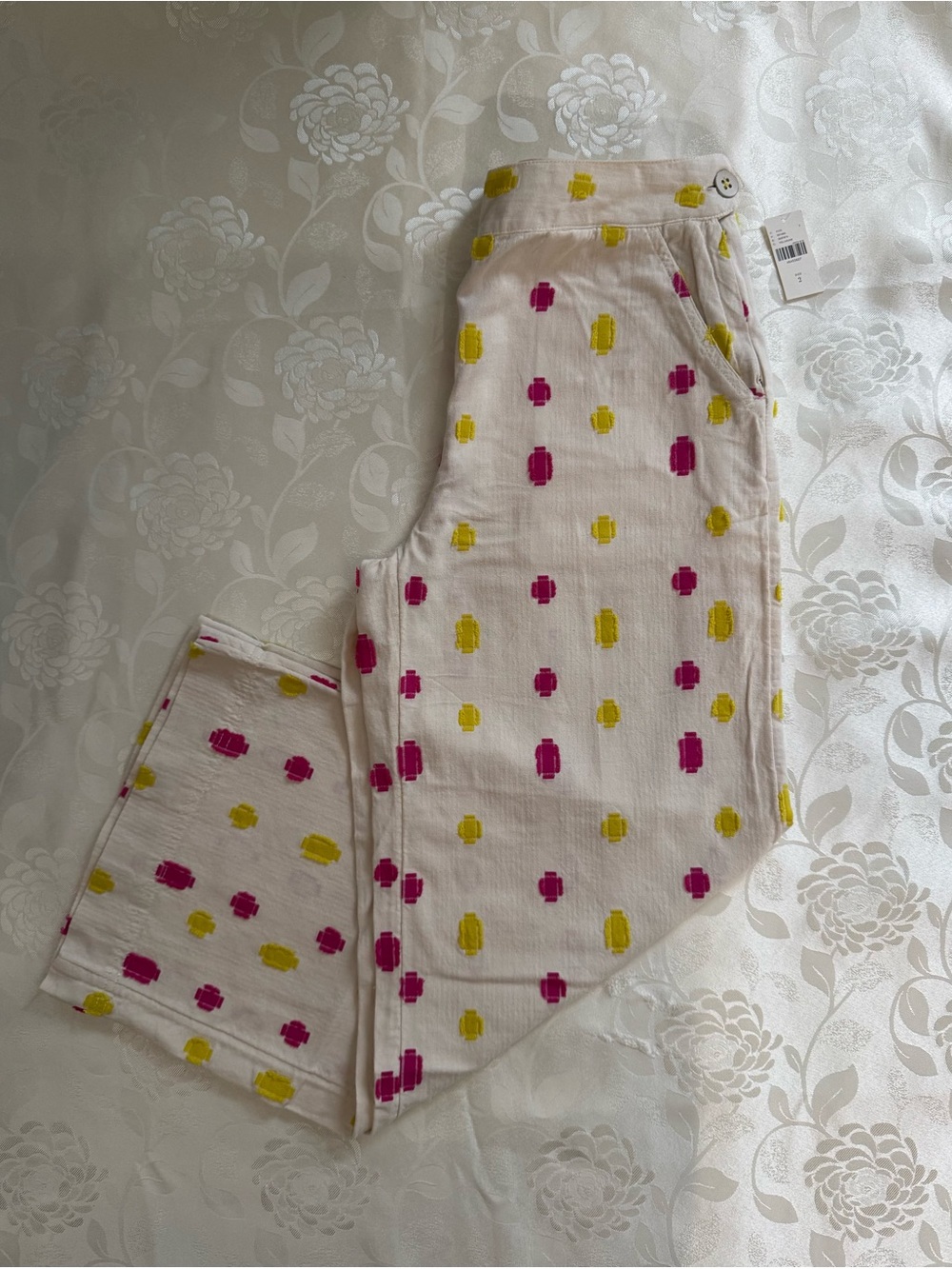 Anthropologie Wide Leg Pants - Pink & Yellow on Cream Size 2